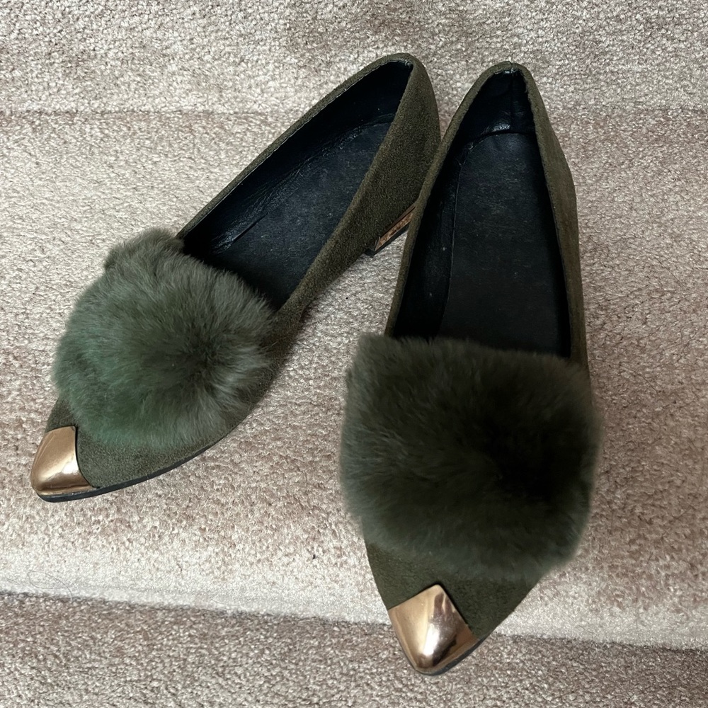 Green Slipper Flats with Fur